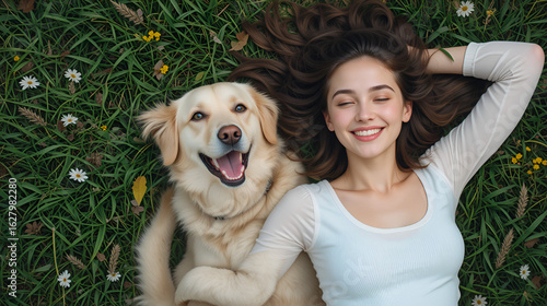 Woman, relax and lying with dog above on grass field for bonding, love and support at park. Top view, female person or pet owner with labrador or golden retriever or smile for companionship in nature