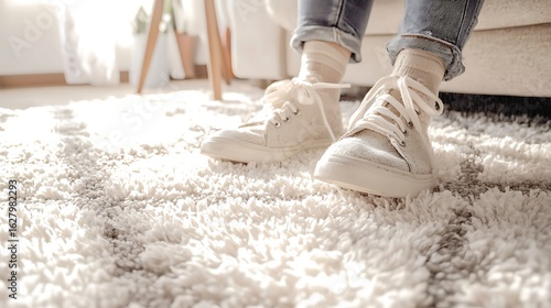Close-up of cream-colored shoes on a fluffy beige rug, part of a living room scene. Sunlight streams in