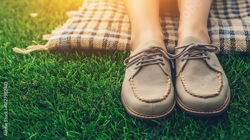 Close-up of feet in light gray shoes on grassy ground, covered by a plaid blanket