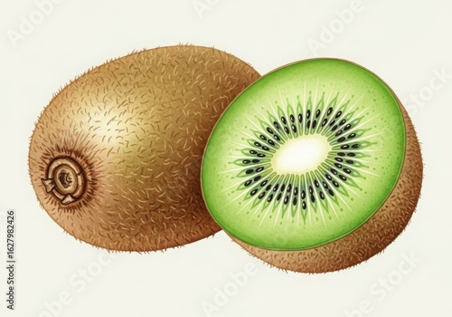 A whole and sliced kiwi are isolated on white background
