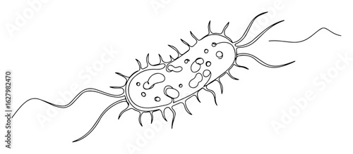 microscopic bacterium with flagella one line vector illustration