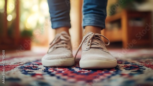 Close-up of light beige shoes on a colorful rug