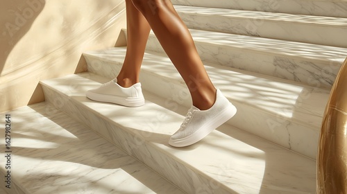 Close-up of legs walking up white marble stairs, stylish white sneakers
