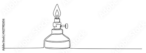 classic laboratory bunsen burner with lit flame one line art vector design for science and chemistry experiments
