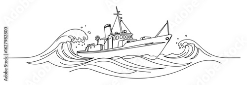 ocean patrol boat cutting through waves dynamic outline vector monoline