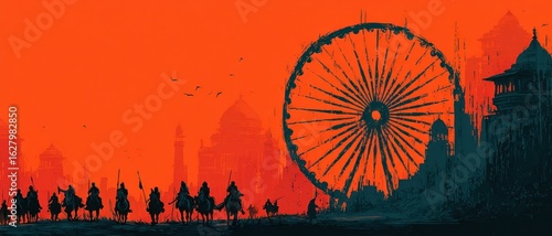 Concept background for Indian Independence Day with Ashoka wheel and symbolic imagery