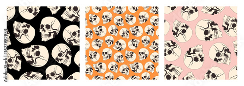 Set of seamless patterns with human skulls. Seamless skull pattern for Halloween celebration. Many skulls. Spooky and scary print for printing, textiles, design decoration