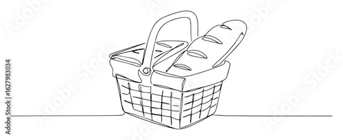 wicker picnic basket with a loaf of bread for a summer lunch date continuous line drawing