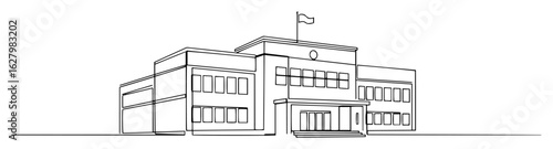 public school building facade with flag minimalist lineart vector