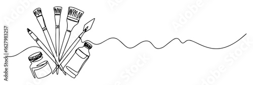 One continuous line drawing of artist paint brushes and ink. Art supplies, creative hobby concept. Minimalist vector illustration for banner or logo