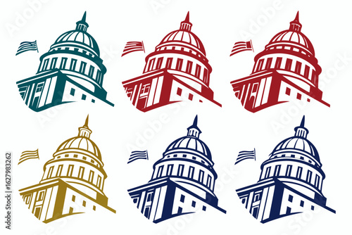 Collection of capitol building icons in various colors