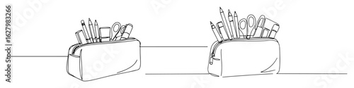Standing pencil pouch with stationery – outline vector pen holder set