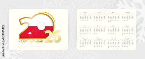 Horizontal Pocket Calendar 2026 in Polish language. New Year 2026 icon with flag of Poland.