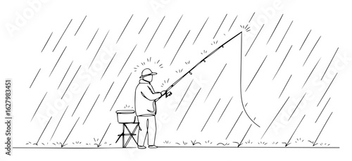 a determined fisherman angling in a heavy rainstorm continuous one line drawing vector illustration