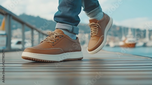 Close-up of tan shoes on a wooden dock, legs walking towards water