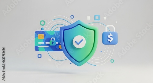 3D illustration of a credit card protected by a security shield and a dollar padlock, symbolizing secure online financial transactions and data protection.