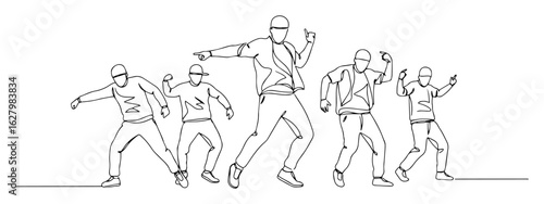 a crew of energetic young male dancers performing a hip hop or street dance routine continuous one line drawing vector illustration