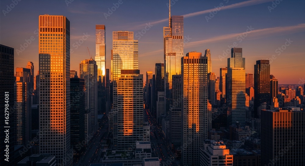 Obraz premium Dense Urban Skyline with Modern Corporate Skyscrapers and Golden Sunset