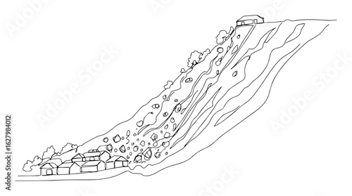 a devastating landslide engulfing a mountainside village a dramatic continuous line drawing of a natural disaster