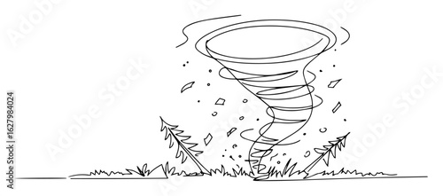 a powerful tornado vortex forming over a field a dramatic and minimalist single line sketch of a destructive storm
