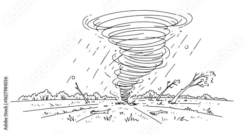 a violent tornado with heavy rain and flying debris wreaking havoc on a rural landscape a detailed one line art illustration