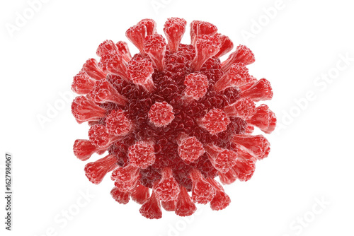 Close-up view of a red virus particle.  Spiky,  complex structure.  Highly magnified.  Viral form