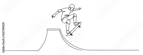 skateboarder on ramp trick continuous line drawing