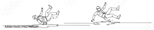 slip and fall accident a construction worker and a person slipping on a wet or icy floor continuous one line drawing vector set