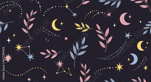Mystical Celestial and Botanical Seamless Pattern