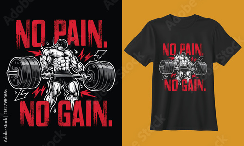 Powerful motivational gym workout design featuring a muscular bodybuilder and the slogan no pain no gain