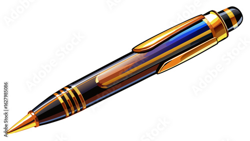 very beautiful Ballpoint pen isolated in  white background , top view of blue pen, business office desk design element
