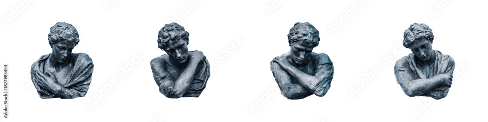 Fototapeta premium Four stone statues of a young man with head bowed and arms crossed Sculpture transparent background