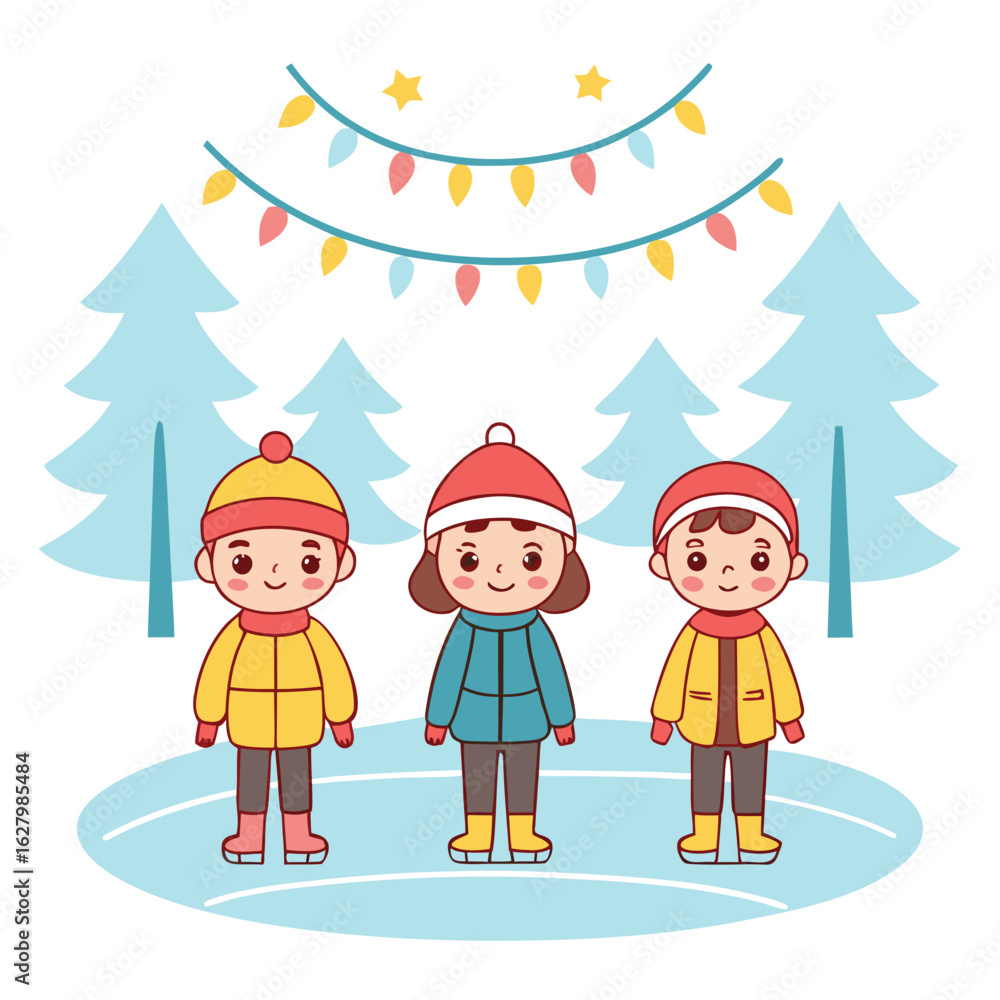 Fototapeta premium Flat Design of a Winter Festival with Children Ice Skating.