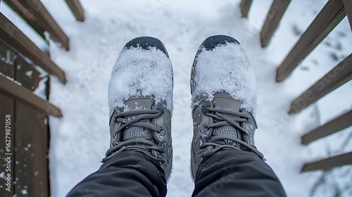 High-angle view of gray winter boots covered in snow on a wooden deck