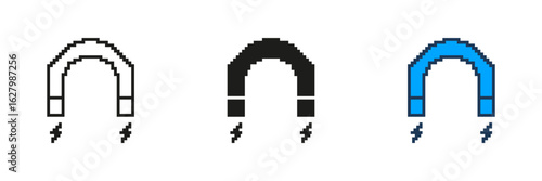 Pixelated Magnet Icon Set. Symbol of Attraction and Magnetic Force in Pixel Art Style. Magnetism and Force Fields. Isolated Vector Illustration
