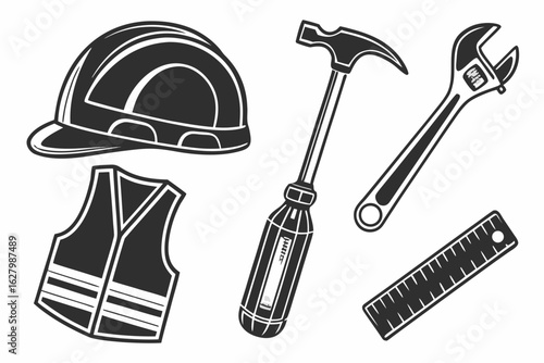 Construction worker safety equipment and tools isolated on white