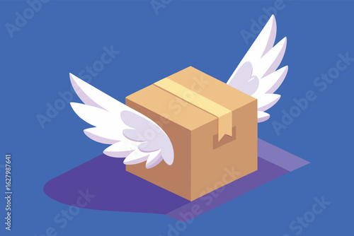 Brown cardboard box with white wings on blue background package delivery