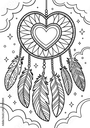 Heart-shaped dreamcatcher coloring page with feathers, celestial background, and intricate line art for mindfulness and relaxation coloring