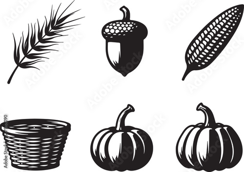 Harvest bounty vector art with wheat, acorn, corn, pumpkins
