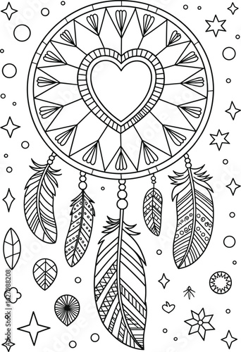 Heart-shaped dreamcatcher coloring page with feathers, celestial background, and intricate line art for mindfulness and relaxation coloring