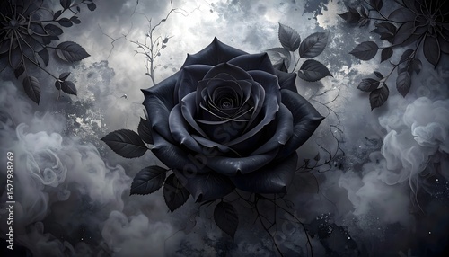 Fototapeta Naklejka Na Ścianę i Meble -  Gothic Black Rose Wallpaper – Dark Floral Background for Film or Visual Art