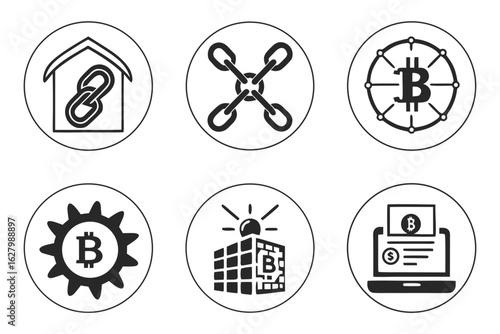 Bitcoin and blockchain technology icons isolated on white background