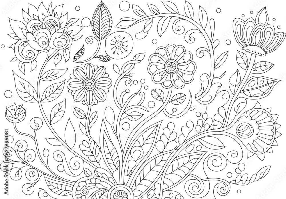Fototapeta premium Inspirational floral coloring page, hand drawn flower bouquet illustration with quote, black and white botanical line art, bloom beautifully design