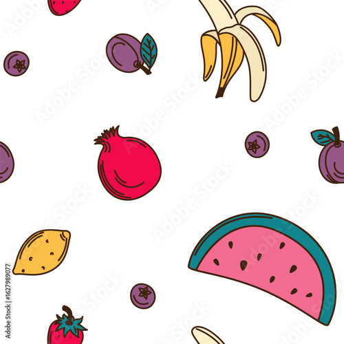 Colorful fruit patterns featuring watermelon, pomegranate, lemon, and plums create a vibrant design for summer themes and decor