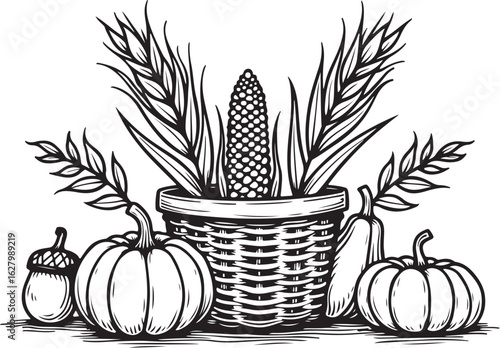 Harvest bounty basket with pumpkins, corn, and wheat stalks