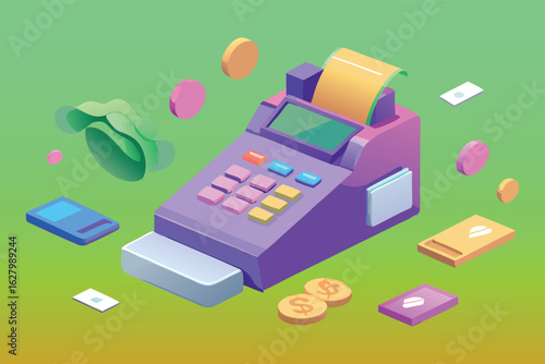 Isometric purple cash register with receipt and coins money payment