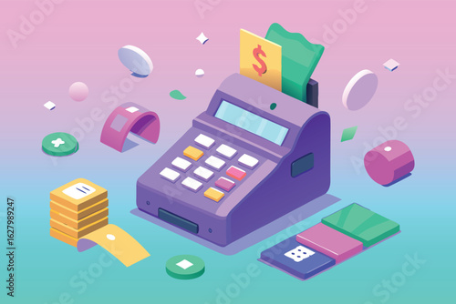 Isometric purple cash register with money and receipts currency dollar