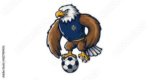 Cartoon eagle mascot wearing a jersey balancing on a soccer ball with a determined expression on its face