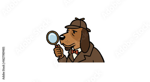 Cartoon dog detective wearing a deerstalker hat and suit examining with a magnifying glass closely now