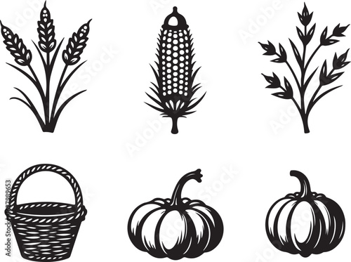 Harvest icons bounty wheat corn pumpkins basket autumn bounty